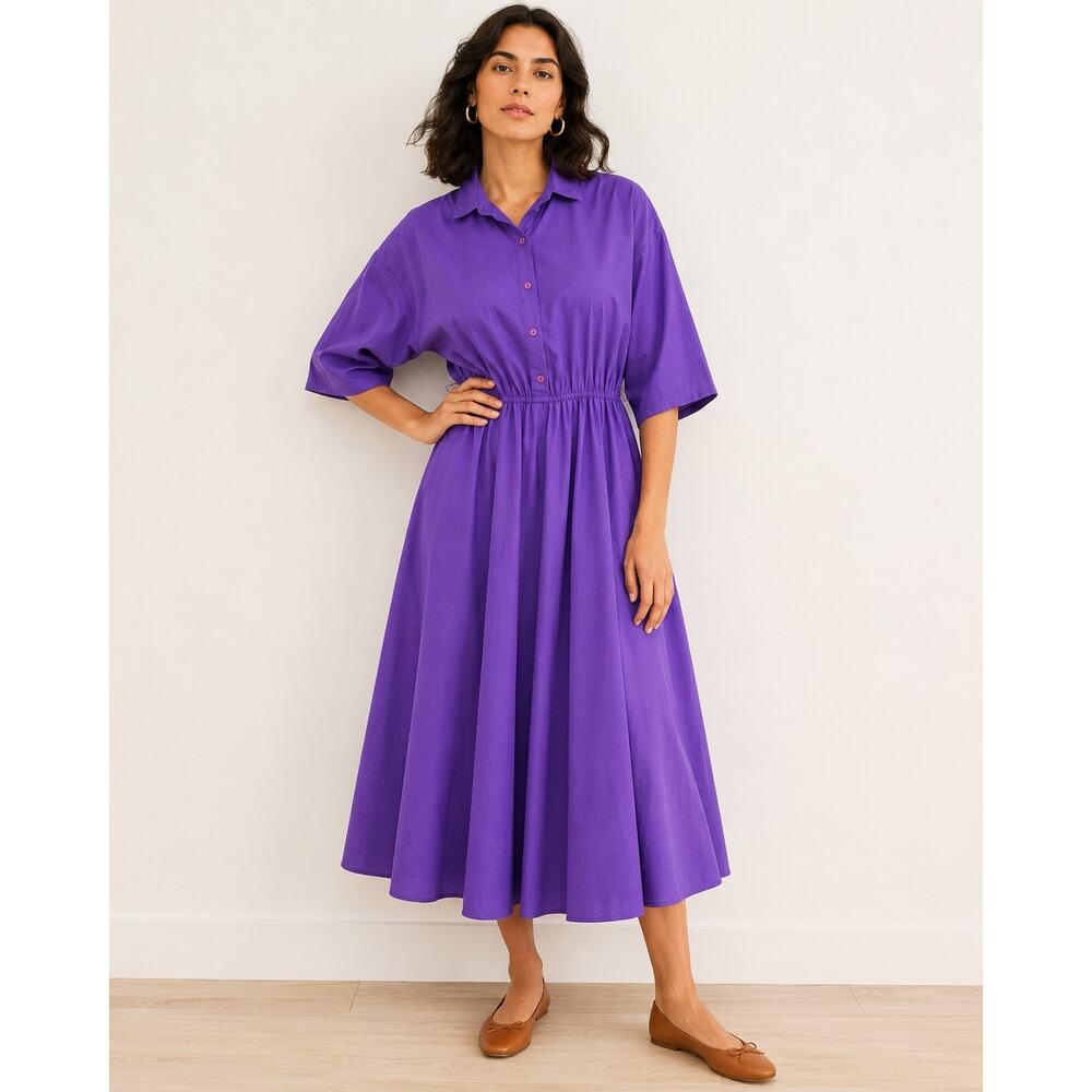 The American Shirt Dress Vintage 80s Purple Secretary Cottagecore Midi Dress 8